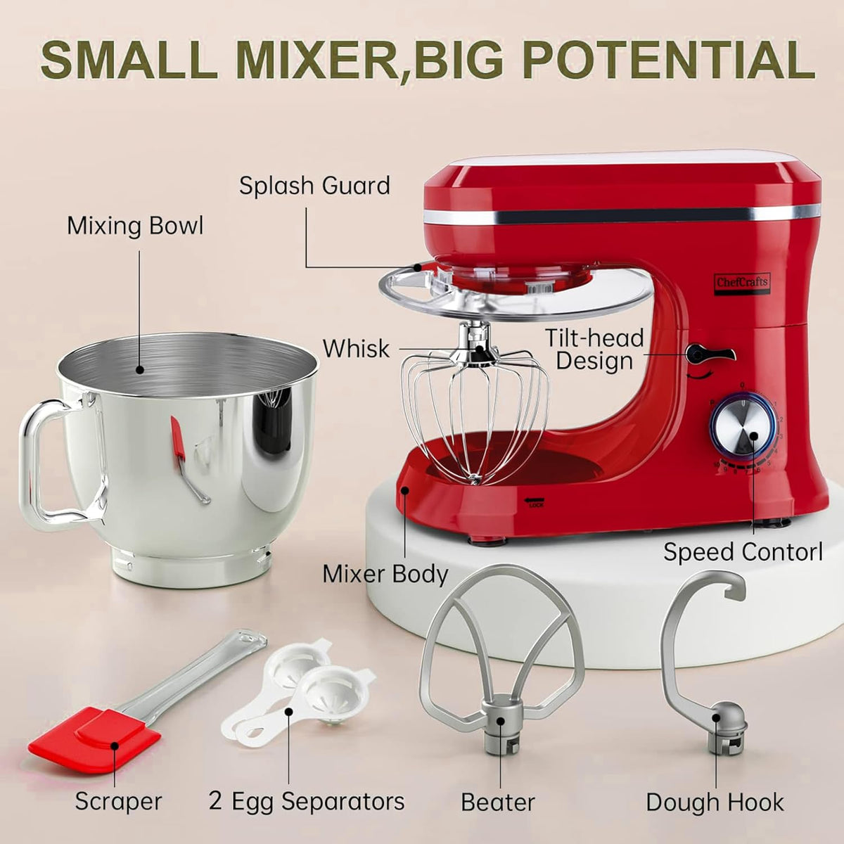 Household Stand Mixer with 6.5 Quart Bowl, Electric Food Mixer 10+p Speeds 660W, Kitchen Tilt-Head Bread Dough and Cake Mixers with Dough Hook, Whisk, Beater, Splash Guard and Egg Separator (Red)