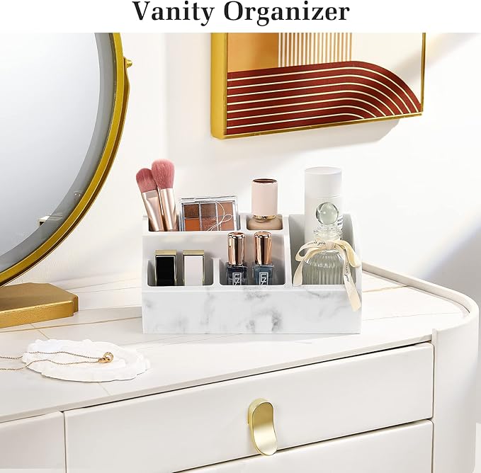 Luxspire Bathroom Counter Organizer, 5 Slot Toothbrush Holder, Marble Bathroom Accessories, Gravel White
