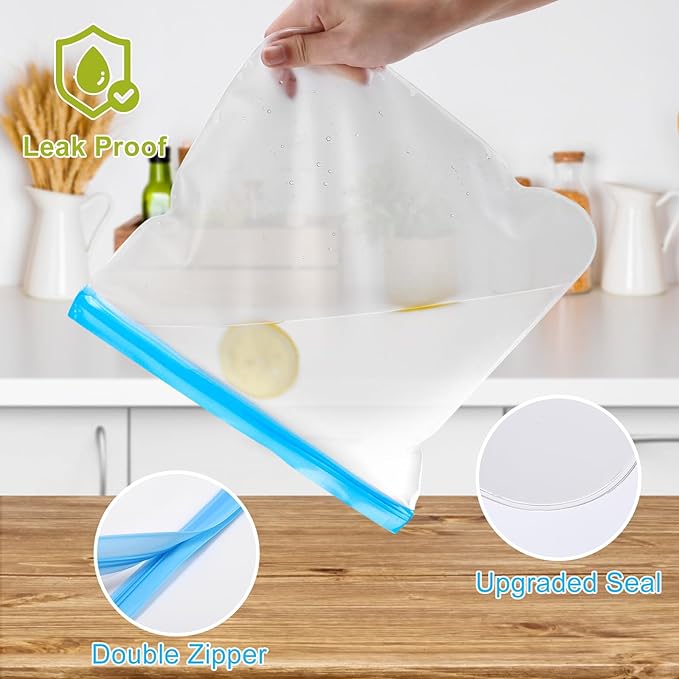 Lerine 6 Pack Reusable Gallon Freezer Bags Dishwasher Safe, BPA Free Reusable Freezer Bags 1 Gallon, Extra Thick Leakproof Food Storage Bags for Marinate Meats, Cereal, Veggies,Fruits