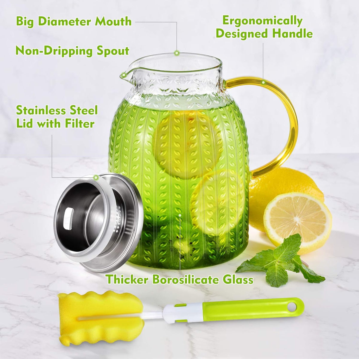 Aofmee 60oz Glass Pitcher, Water Pitcher with Lid, Iced Juice Jugs for Fridge, Glass Carafe for Cold or Hot Beverages, Sun Tea Jar, Easy Clean Heat Resistant Glass Jug for Milk