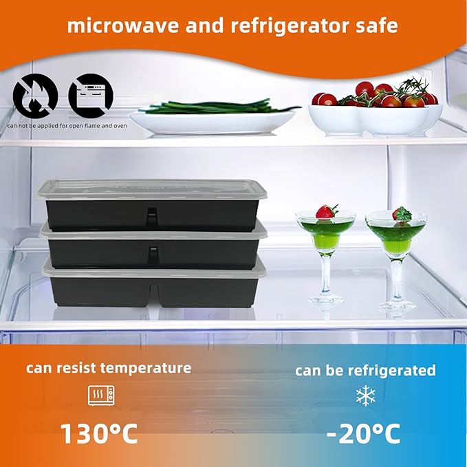 Disposable Food Storage Containers with Lids Meal Prep 2-Compartment To Go Take Out Plastic Black, Sturdy Leakproof Food Safe, Microwave Freezer Dishwasher Safe (50, 2 compartment)