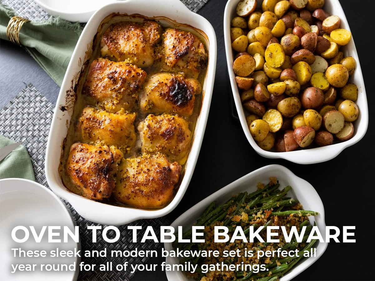 Saffron & Sage Casserole Dish Set of 3 - Baking Dishes for Oven, Contemporary White Ceramic Baking Dish Set, Heavy Duty Bakeware, Up to 500° High Heat Resistant, Dishwasher, Freezer and Food Safe