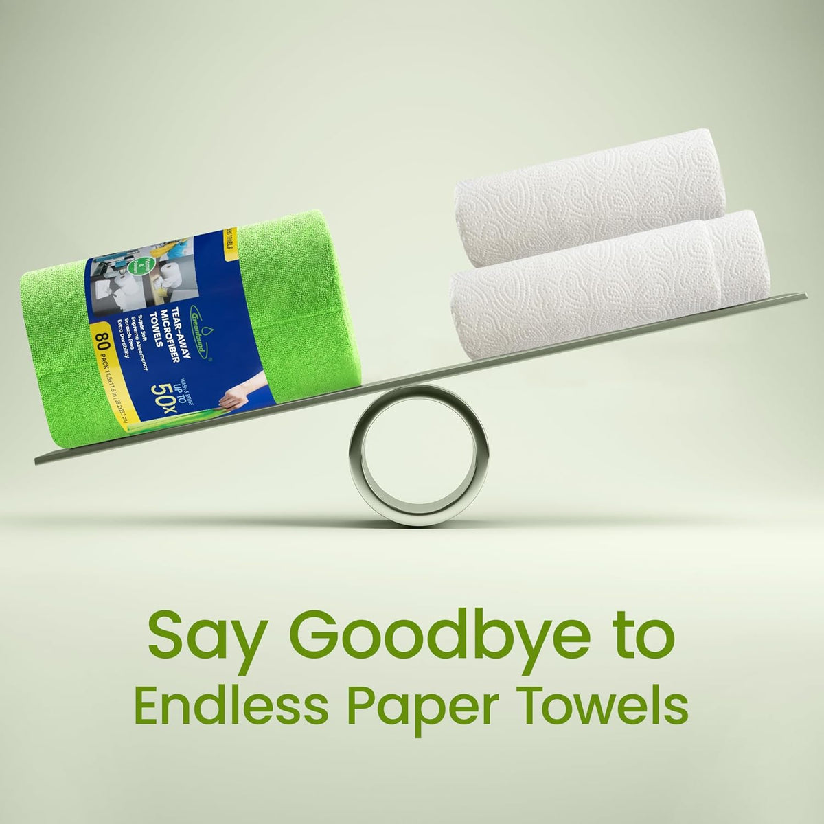 Greenfound Microfiber Cleaning Cloth Roll -80 Pack, 11.5x11.5, Tear Away Towels, Reusable and Washable Rags, Green