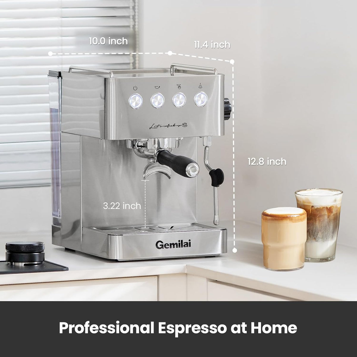 Gemilai Espresso Machine, Espresso Maker with Milk Frother Steam Wand & 57OZ Water Tank for Latte Macchiato Cappuccino, Brushed Stainless Steel G3005E