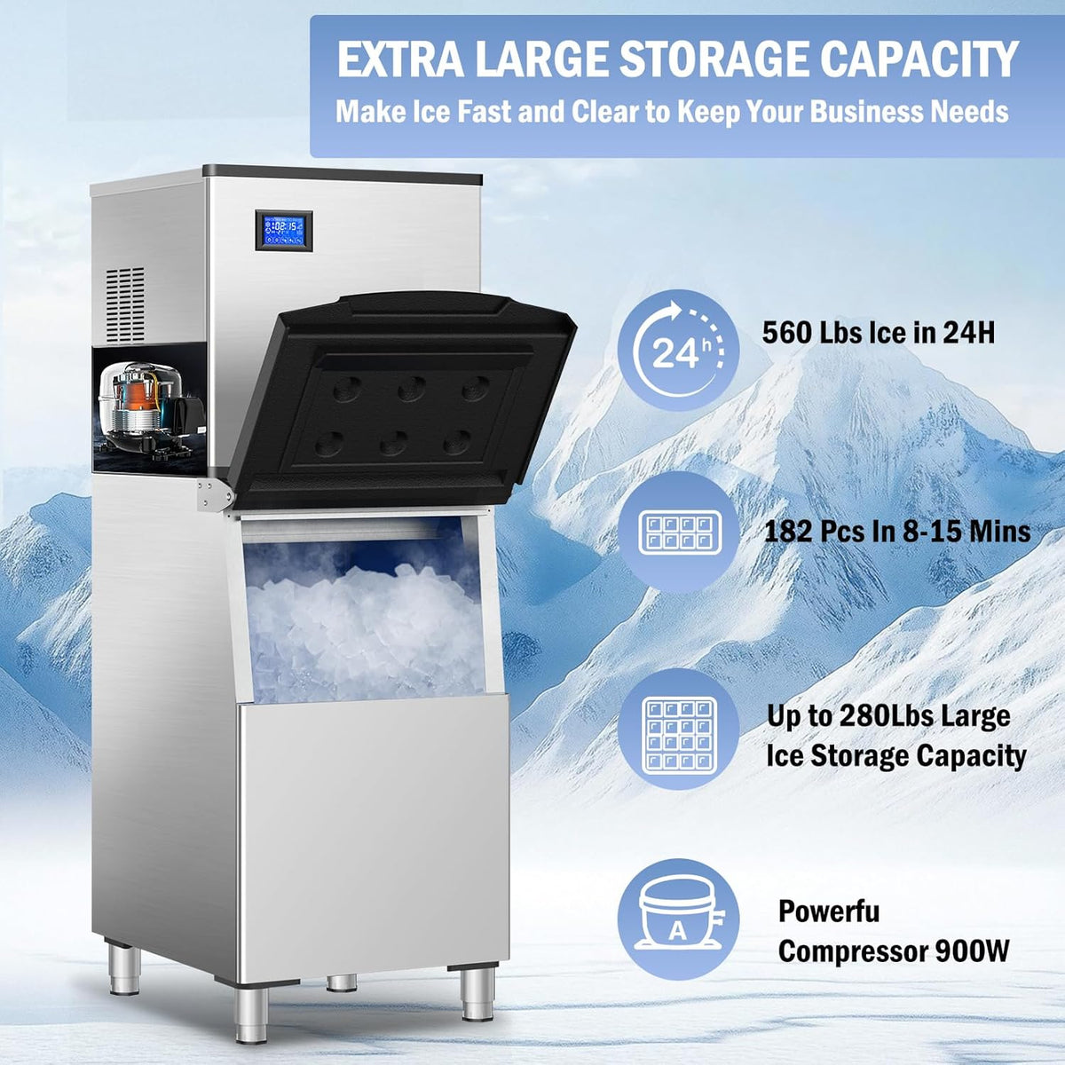 Commercial Ice Maker Machine 150Lbs/24H with 2 Water Inlet Modes, 36Pcs Ice Cubes in 8-15 Mins, Stainless Steel Under Counter/Freestanding Ice Machine with 25Lbs Storage Bin for Home/Shop/Office/Bar