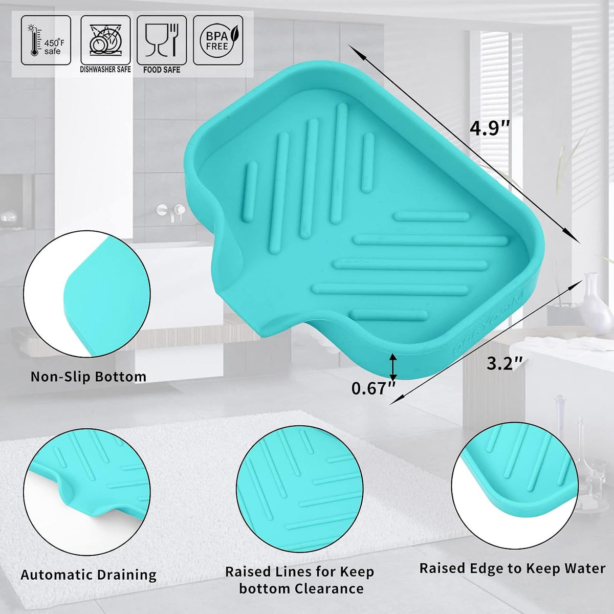 Silicone Bathroom Soap Dishes with Drain Spout-Bathroom and Kitchen Sink Organizer,Sponge Holder,Dish Soap Tray,Perfect for Dispenser,Scrubber,Bottle,Cup on Sink or Counter-Mint 4.9"×3.2"