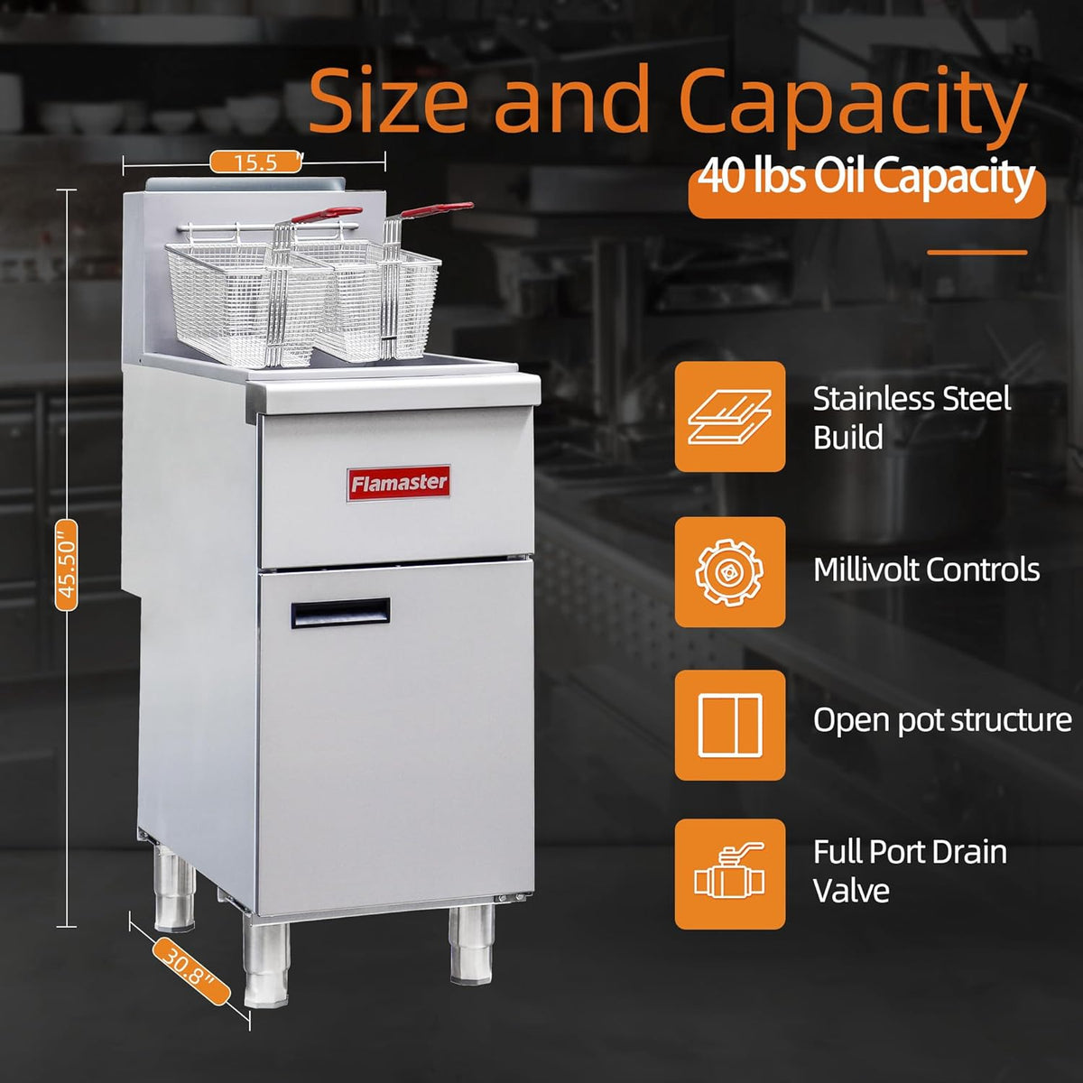 Commercial Open Pot Fryer with 2 Baskets, 100000 BTU 40-50 Lbs Oil Capacity Natural Gas Fryer, Only Commercial Use Stainless Steel Deep Fryer for Restaurants, Food Trucks-Floor Standing