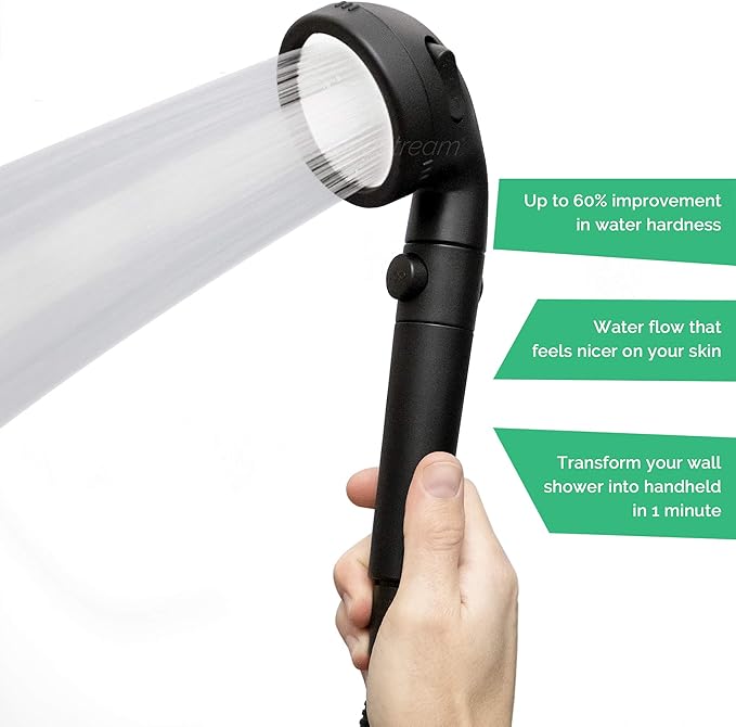 Original StoneStream® EcoPower Shower Head System — Spa Like Ionic Filter to Soften Water, Increase Pressure & Save Water — Showerhead + Hard Water Filtration + Wall Adapter Kit — Matte Black