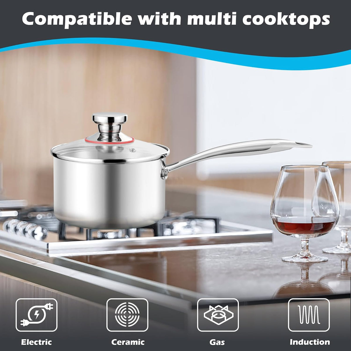 E-far 2-Quart Saucepan, Tri-Ply Stainless Steel Sauce Pan with Glass Lid, Small Cooking Induction Pot Compatible with All Cooktops, Non Toxic, Oven & Dishwasher Safe
