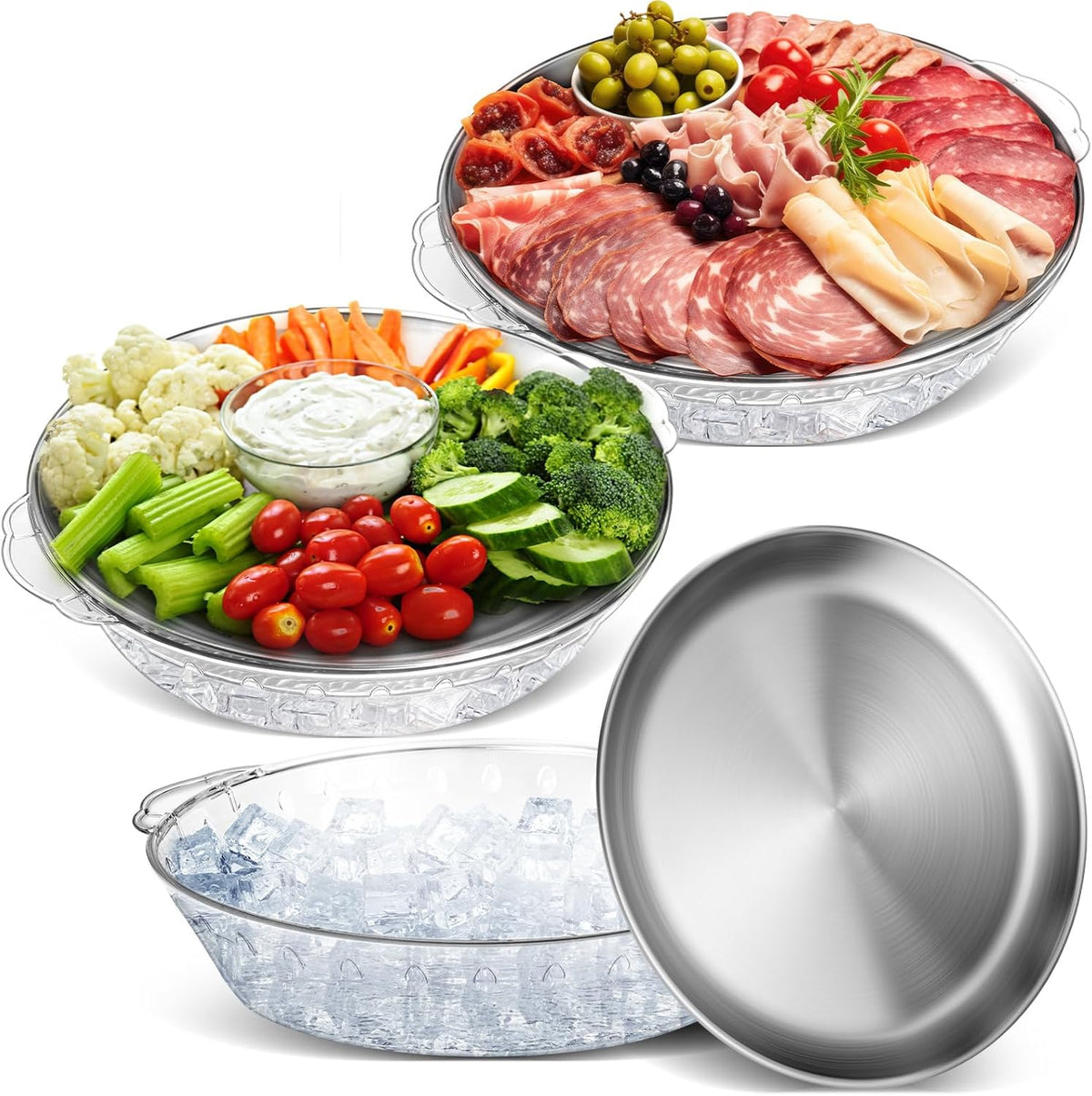 Baderke 3 Set 11.8" Chilled Serving Tray for Parties with Compartments Ice Chilled Party Platter Charcuterie Serving Board Cold Dish Dip for Fruit Seafood Vegetable Shrimp Cocktail (Natural)