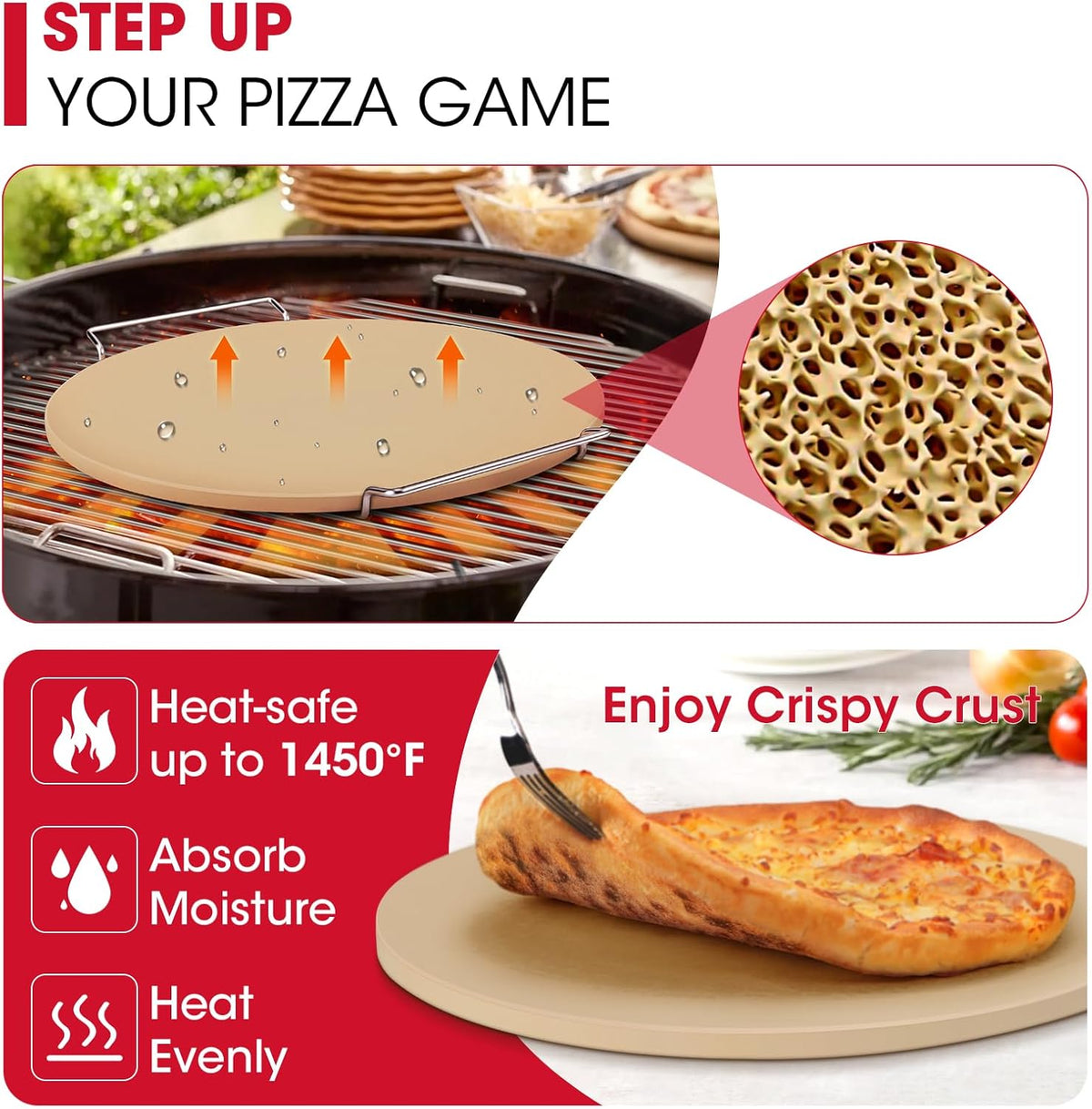 Unicook 12 Inch Round Pizza Stone for Oven and Grill, Cordierite Bread Baking Stone, Baking Crispy Pizzas, Bread and Cookies, Includes Carry Rack and Dough Scraper
