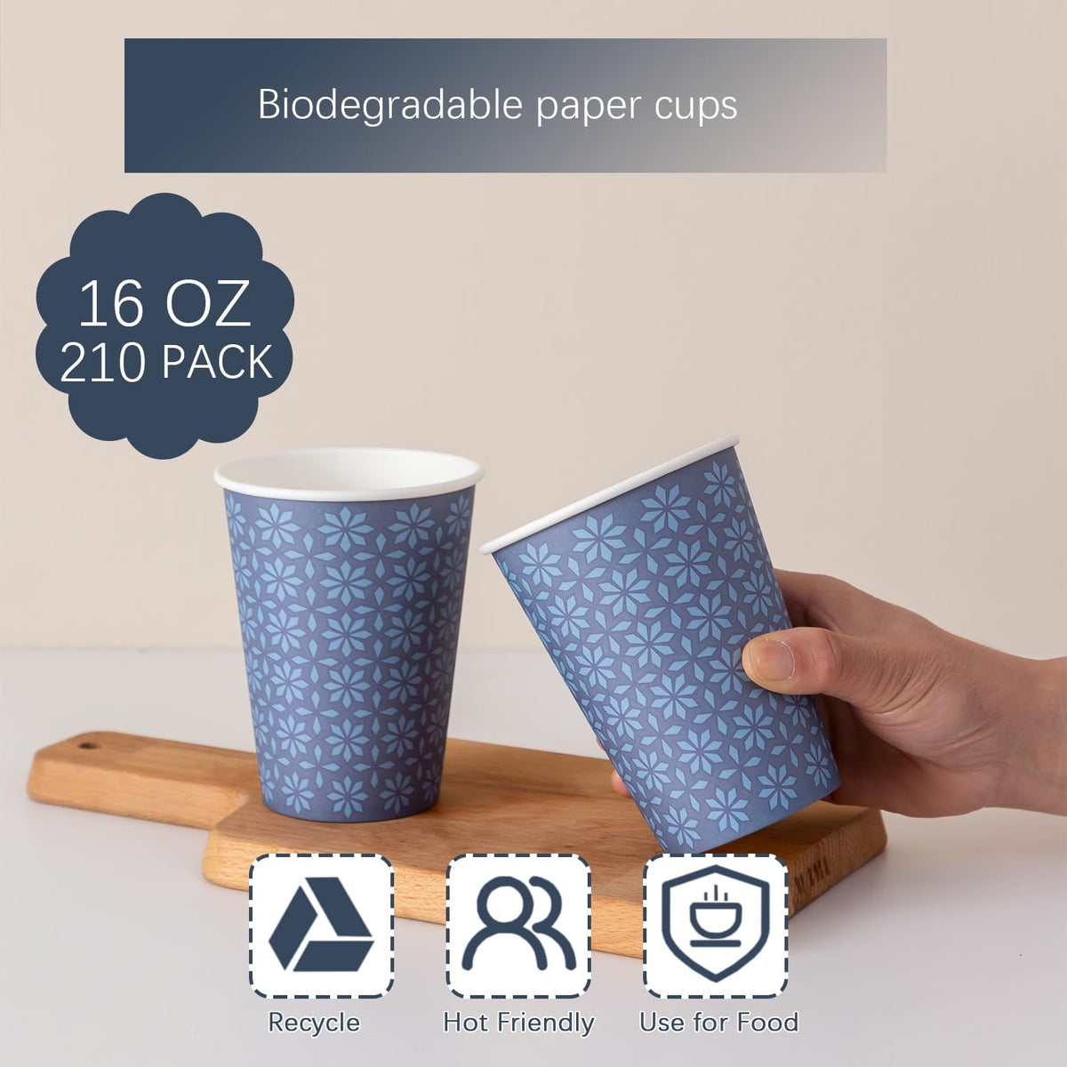 210 Pack 16 oz Disposable Paper Cups, Hot/Cold Beverage Paper Drinking Cups, Navy Floral Paper Coffee Cups 16 oz for Home-use, Office, Restaurant and Events
