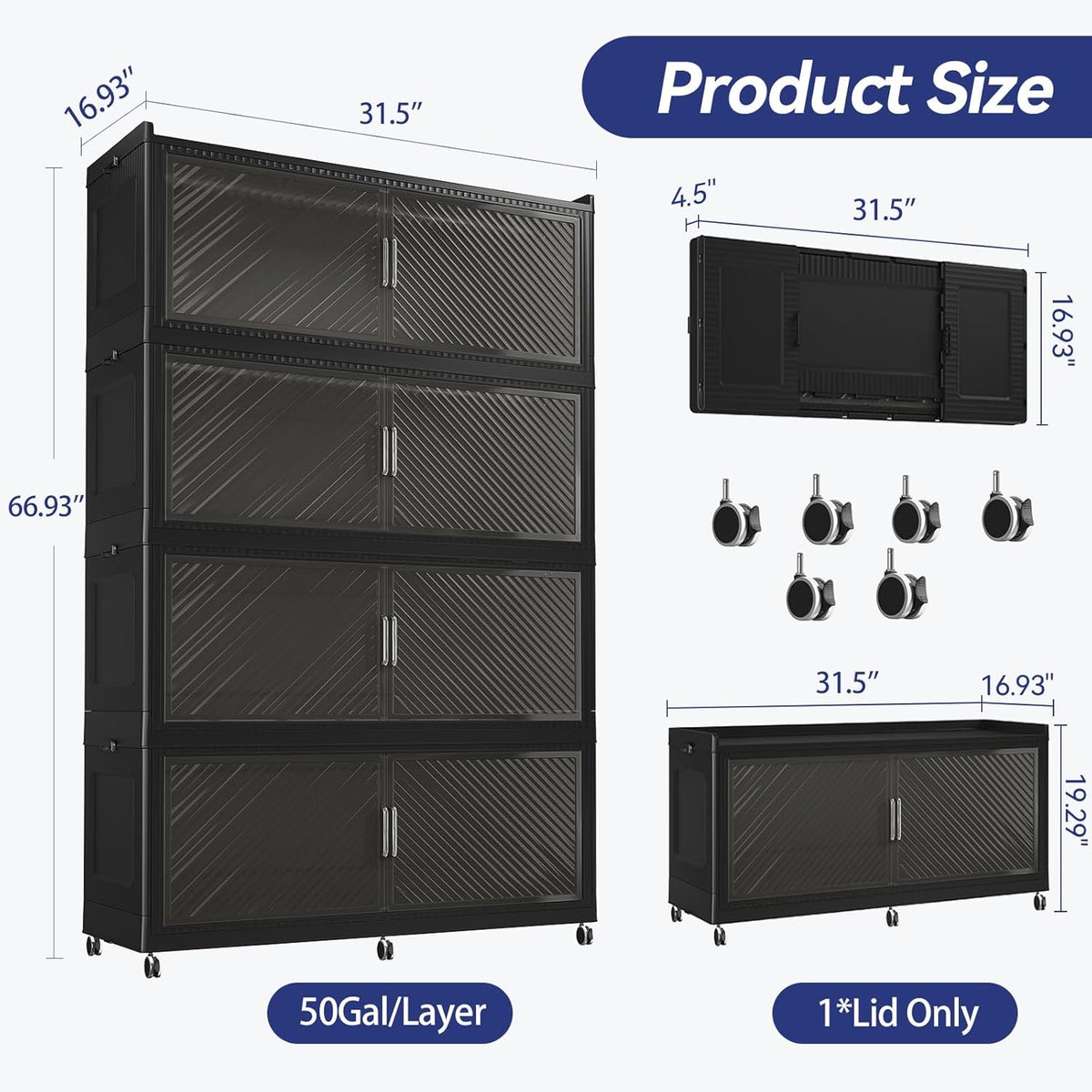 200GAL Extra Large Storage Bins with Lid, 800QT Plastic Stackable Storage Bins with 6x Wheels, Collapsible Closet Organizer and Storage Drawer Cabinet for Living Room Office Dorm, 4Pack Black