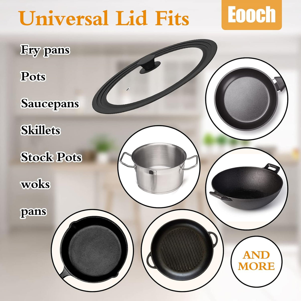 Universal Lid for Pots, Pans and Skillets Vented Tempered Glass with Heat Resistant Silicone Rim, Fits 6 inch, 7 inch, 8 inch Cookware, Replacement Lid, Black