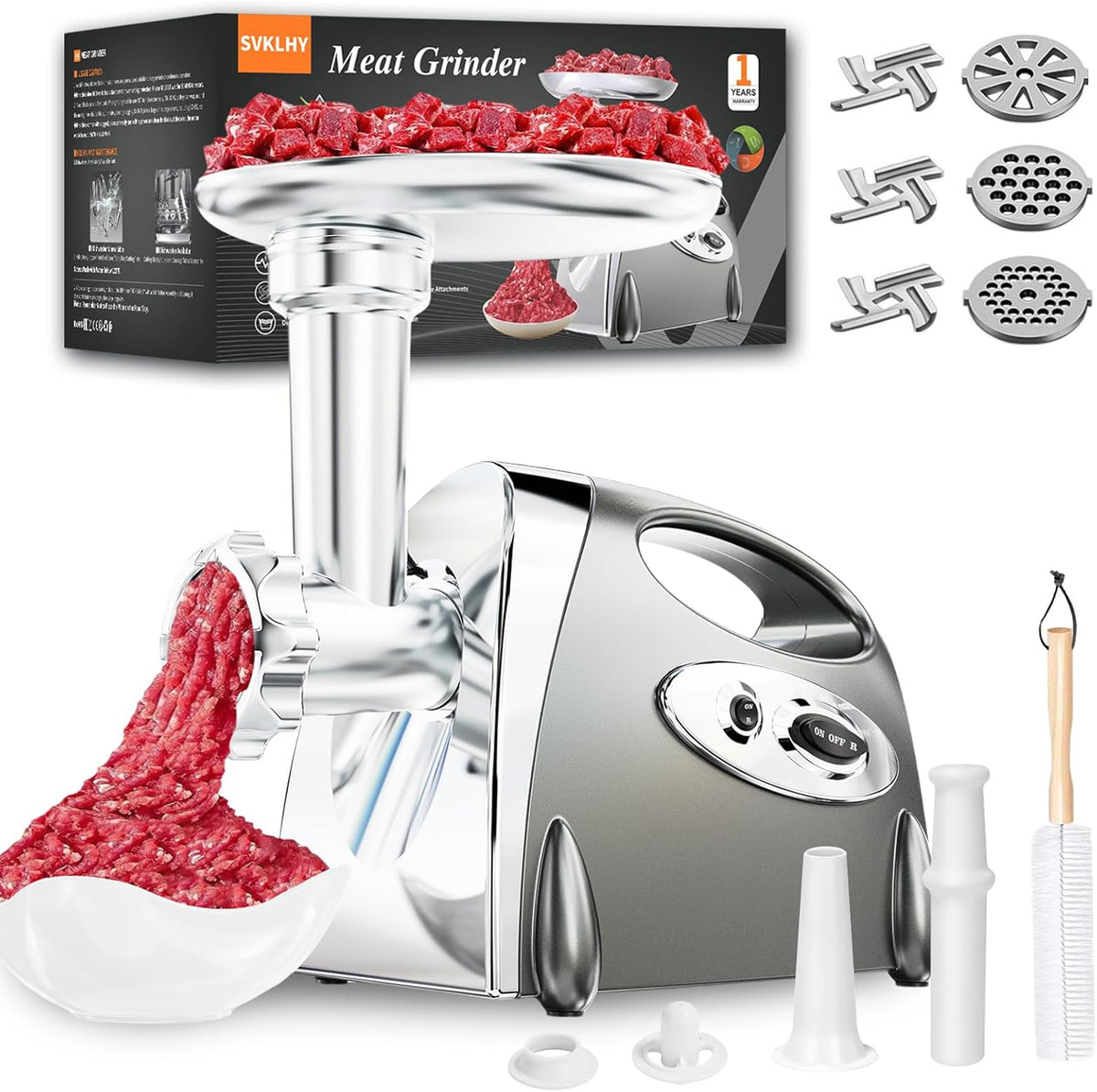 3-IN-1 Meat Grinder: [3000W Superior Motor] Electric Meat Grinder with 6 PCS Stainless Steel Blades & Grinding Plates, Sausage Stuffer Tubes & Kubbe Kit Portable Handle for Gift (Dark Gray New6)