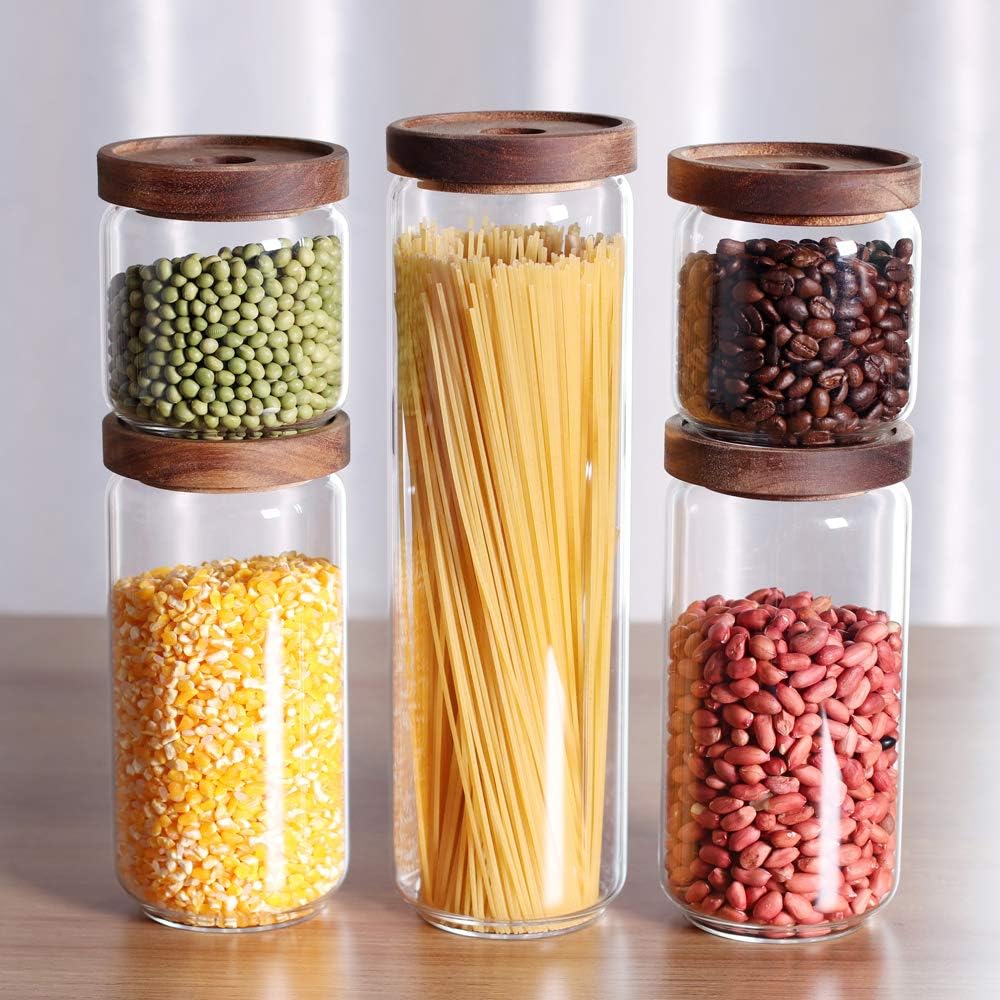 Glass Canisters Set of 5 for the kitchen, Glass Storage Container jars with Airtight Acacia Lid for Coffee Beans, Flour, Sugar, Rice and Spaghetti and etc
