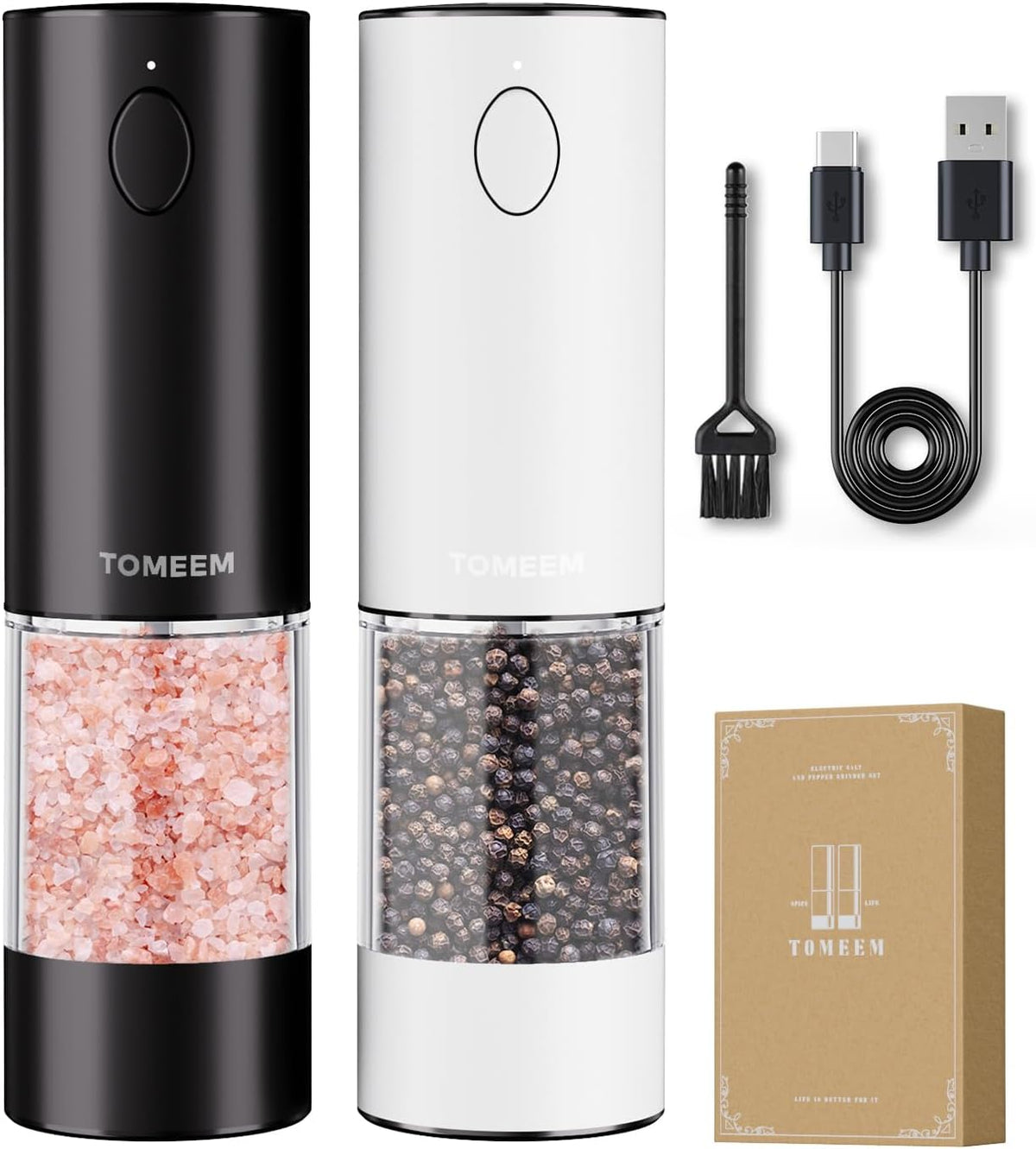 Upgraded Larger Capacity Electric Salt and Pepper Grinder Set Rechargeable with LED lights, Stainless Steel Automatic Pepper and Salt Grinder Refillable with 5 Adjustable Coarseness Black - White