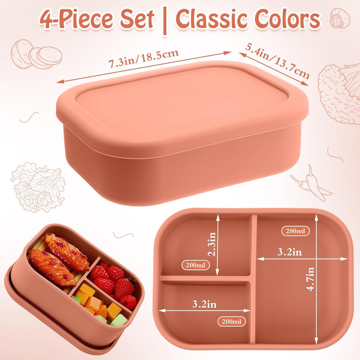 Honeydak 4 Pcs Silicone Bento Lunch Box 3 Compartment Reusable Leakproof Silicone Bento Lunch Container for Adults Microwave Dishwasher Freezer Safe(Orange)