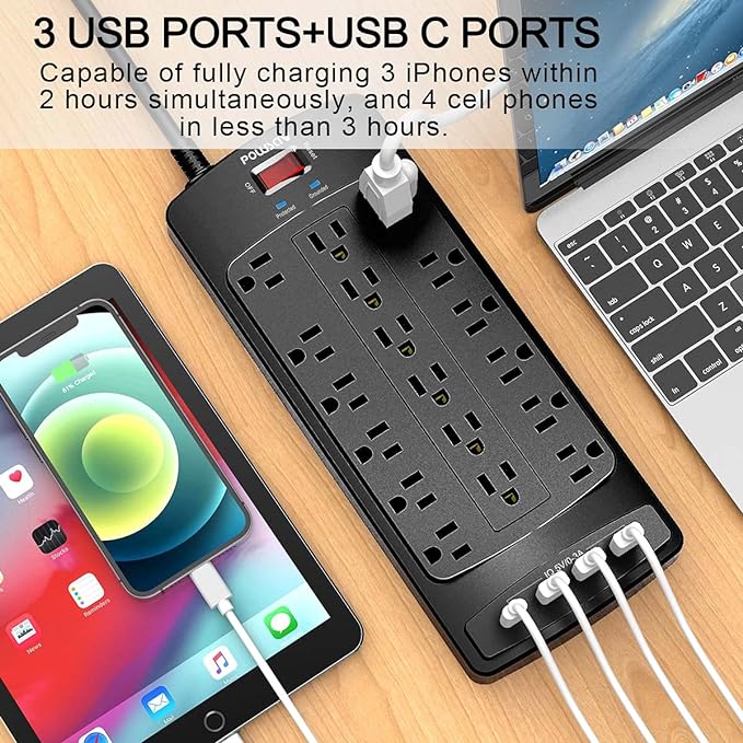 18 Outlets Surge Protector Power Strip - 15 Feet Flat Plug Heavy Duty Extension Cord with 18 Widely Outlets and 4 USB Ports, 2100 Joules, Black, ETL Listed