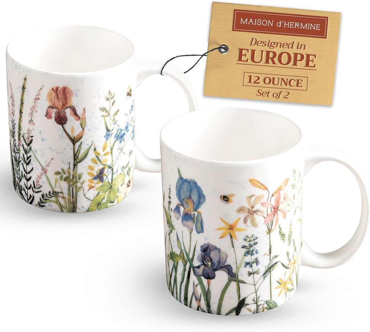 Maison d' Hermine Coffee Mug with Handles Fine Bone China Mugs Pack of Two Tea Cups for Hot Beverages Cappuccino Latte Home Restaurant Office Perfect for Gift (Fleurs De Mai, 12 Ounce)