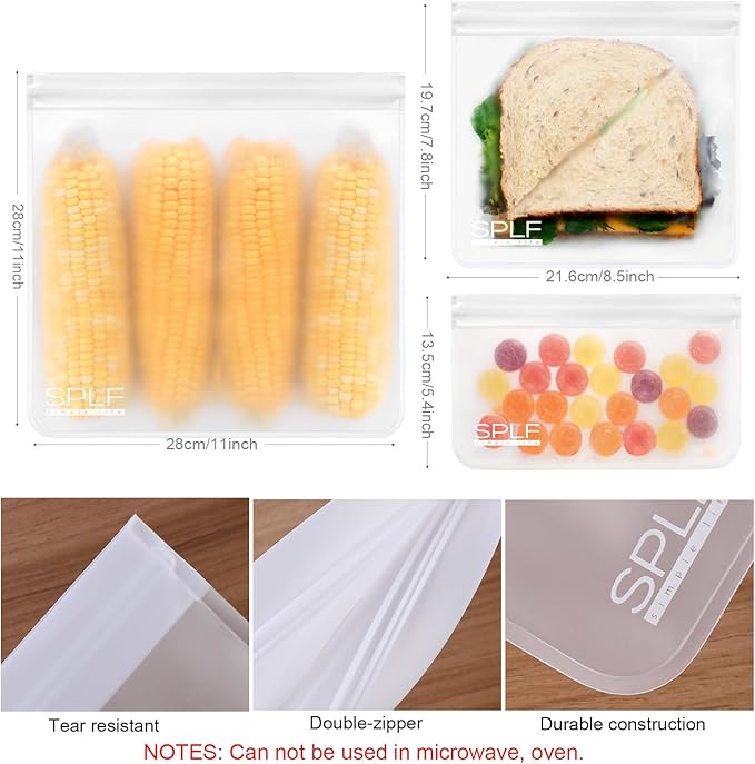 SPLF 12 Pack Dishwasher Safe Reusable Food Storage Bags (5 Sandwich 5 Snack 2 Gallon), BPA Free Freezer Bags Leakproof Silicone and Plastic Free Lunch Bags Fridge Organization