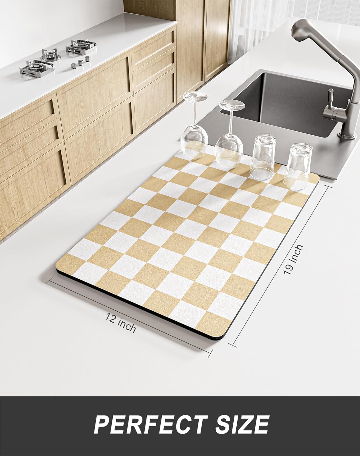 Rnivvi Dish Drying Mat for Kitchen Counter, 12 x 19" Cute Checkered Absorbent Draining Pad, Non-Slip Heat Resistant Coffee Bar Mats for Coffee Machine Station Accessories, Beige White Dish Rack Pad