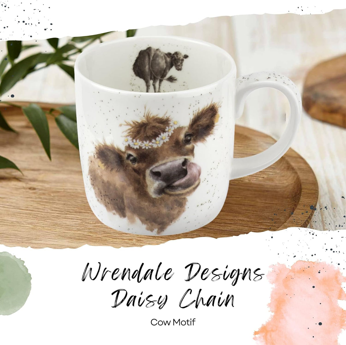 Royal Worcester Wrendale Designs 14 oz Mug, Daisy Chain with Cow Illustration - Floral Animal Mug for Cottagecore Kitchens - Microwave, Dishwasher, Freezer Safe Fine Bone China Drinkware