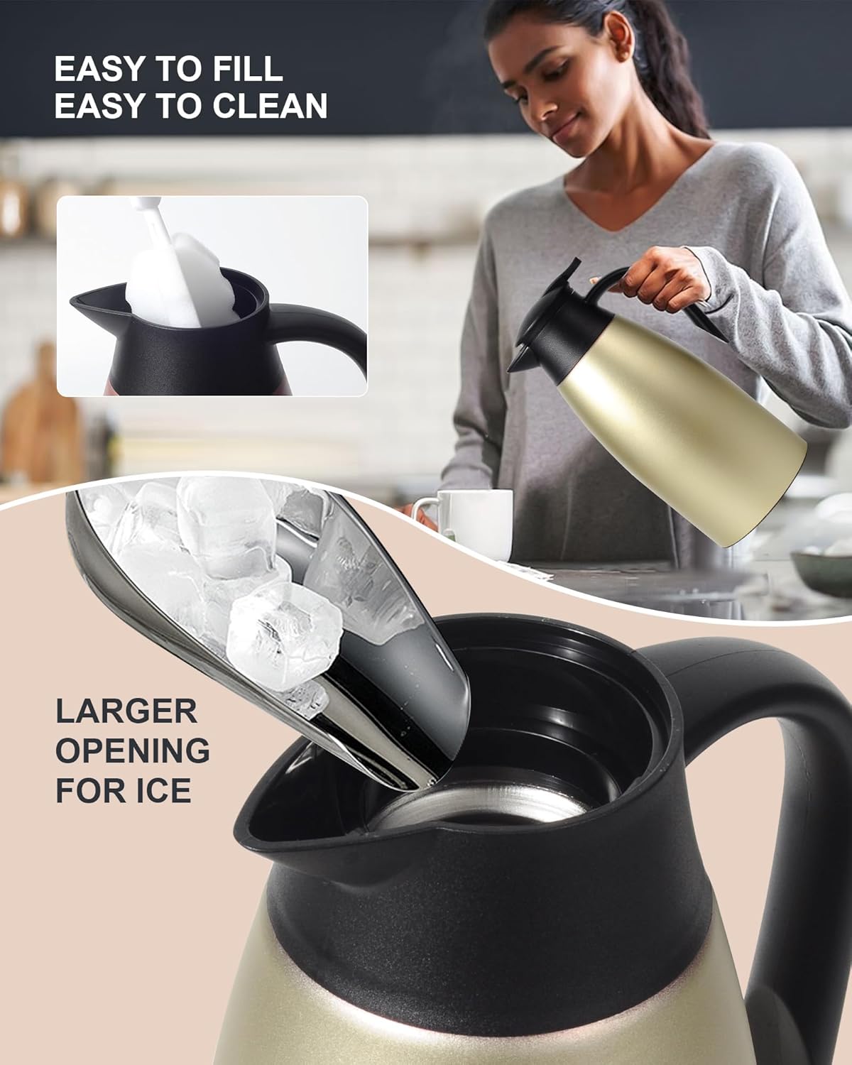 Updated 70 Oz Thermal Coffee Carafe, 2.1L nsulated Stainless Steel Coffee Carafes for Keeping Hot Coffee & Tea Hot Beverage-12Hours, Double Walled Vacuum Coffee Carafe (Gold)