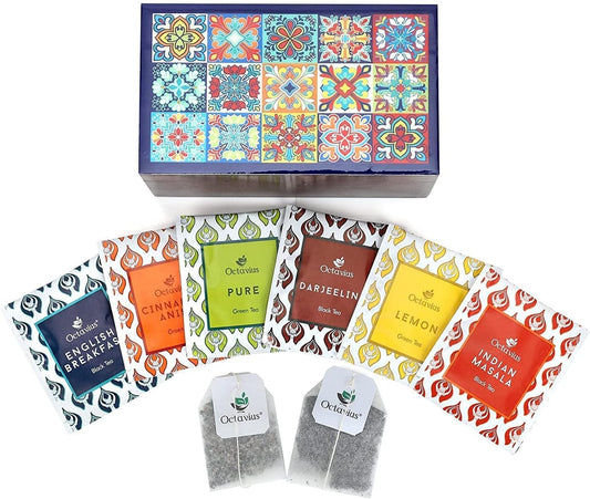 Octavius | Tile Motif Wooden Caddy Tea Sampler Pack | Assortment of 3 Black & 3 Green Teas | 30 Enveloped Double Chamber Tea Bags | Tea Sampler Variety Pack | Perfect for Tea Lovers | Pack of 1