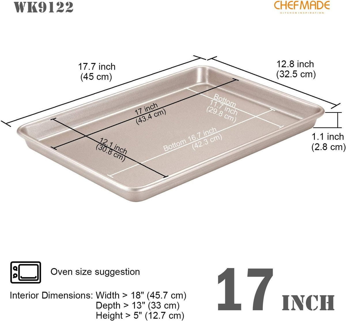 CHEFMADE 17-Inch Baking Sheet Pan, Non-Stick Carbon Steel Rimmed Cookie Sheet Pan for Oven Roasting Meat Bread Jelly Roll Battenberg Pizzas Pastries 12.8" x 17.7" x 1.1" (Champagne Gold)