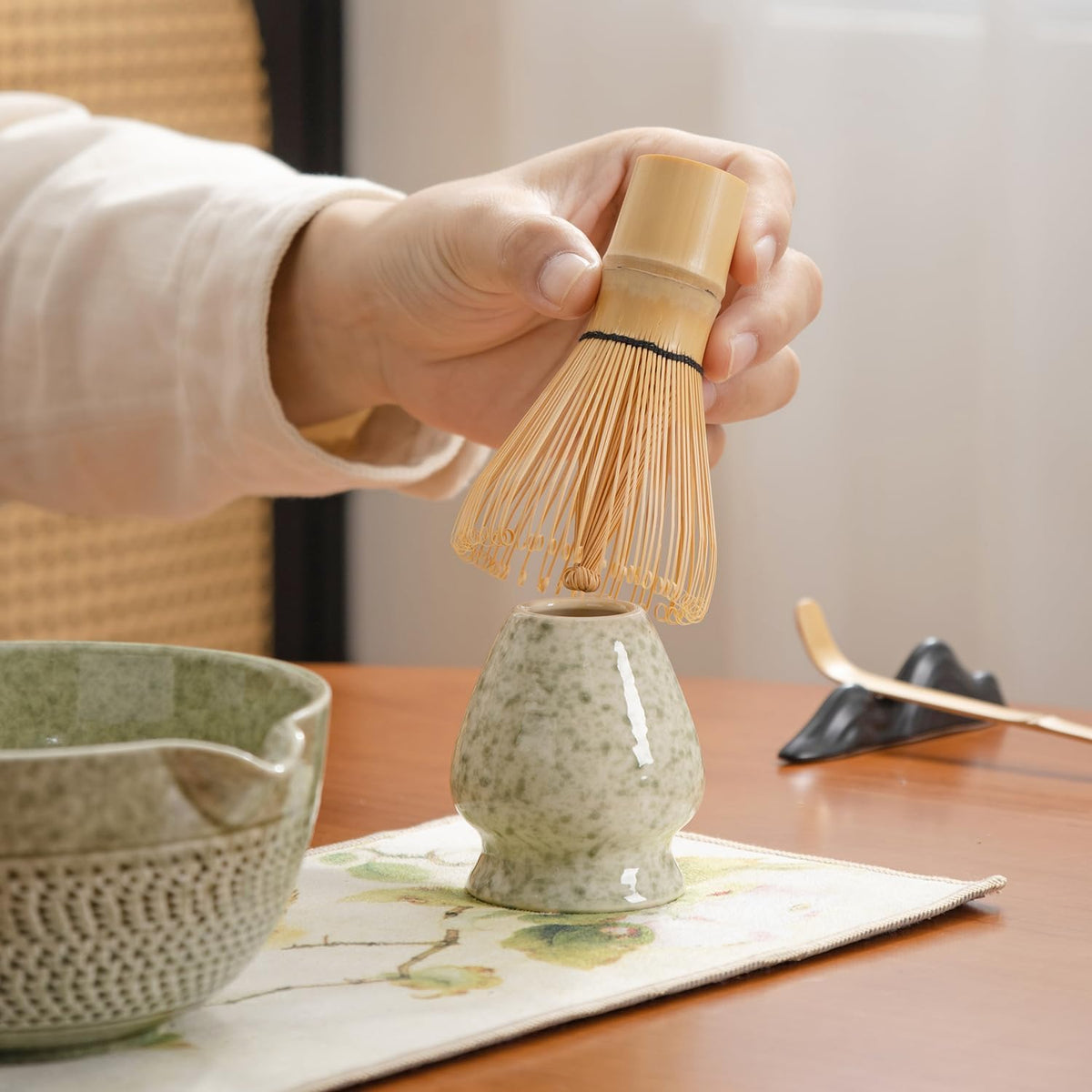Japanese Matcha Ceremony Accessory, Matcha Whisk, Traditional Scoop (Chashaku), Tea Spoon, Whisk Holder, 1 tea bowl, 1 tea siev, The Perfect Set to Prepare a Traditional Cup of Matcha.