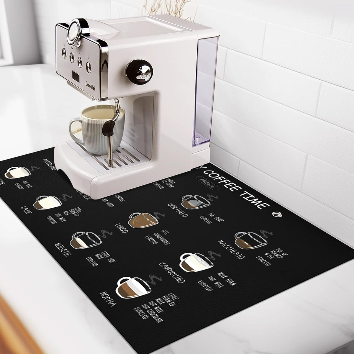 Matace Designer Coffee Bar Mat, Small 12 x 19 Inches, Rubber Backing, Absorbent Coffee Maker Mats for Dish Drying, Kitchen Countertop, Heat Resistant, Coffee Flavor Menu, Black