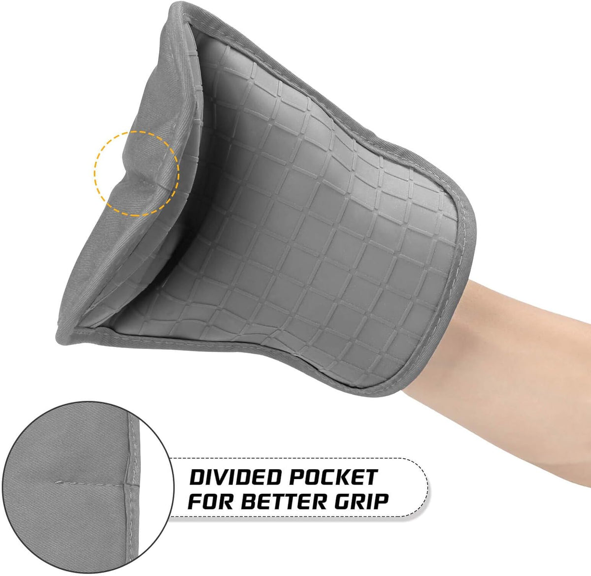 HOMWE Silicone Kitchen Pot Holders with Pockets, 2 Pc Set Trivet, Steam and Heat Resistant Hand and Countertop Protection Hot Pads, Non-Slip Grip potholders, Terrycloth Interior Lining, Gray