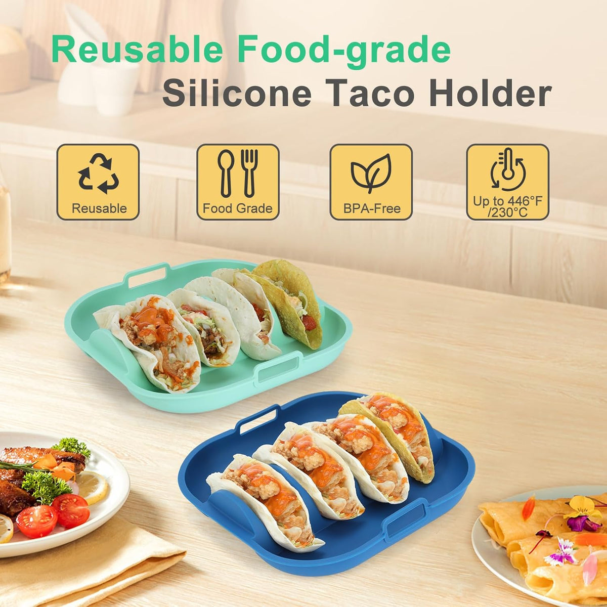 Silicone Taco Holder 2 Pack,10.2in pgrade Reusable Taco Plates with Dividers,Fiesta Tacos Holder Tray.Taco Serving Plates, Dishwasher & Microwave Safe (2, BLUE+GREEN)