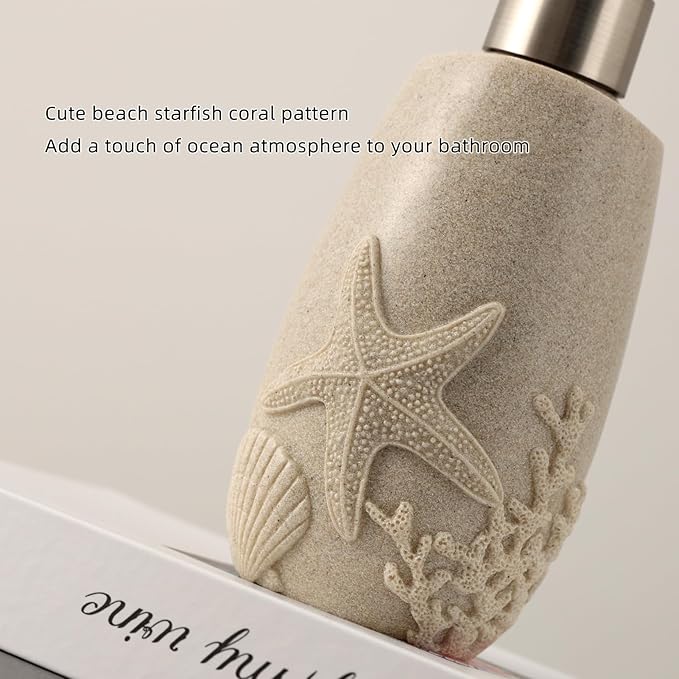 Bathroom Accessories Set, 4 PCS Bathroom Accessory Sets with Soap Dispenser, Toothbrush Holder, Tumbler, Soap Dish, Bathroom Countertop Organizer, Sea Bathroom Decor (Beige)