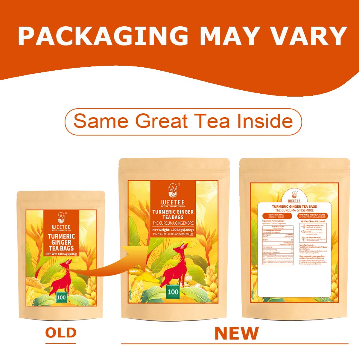 WT WEETEE Turmeric Ginger Tea Bags, 100% Pure Turmeric and Ginger Root Herbal Blend Savory & Spicy, Natural Caffeine-free Spice Tea