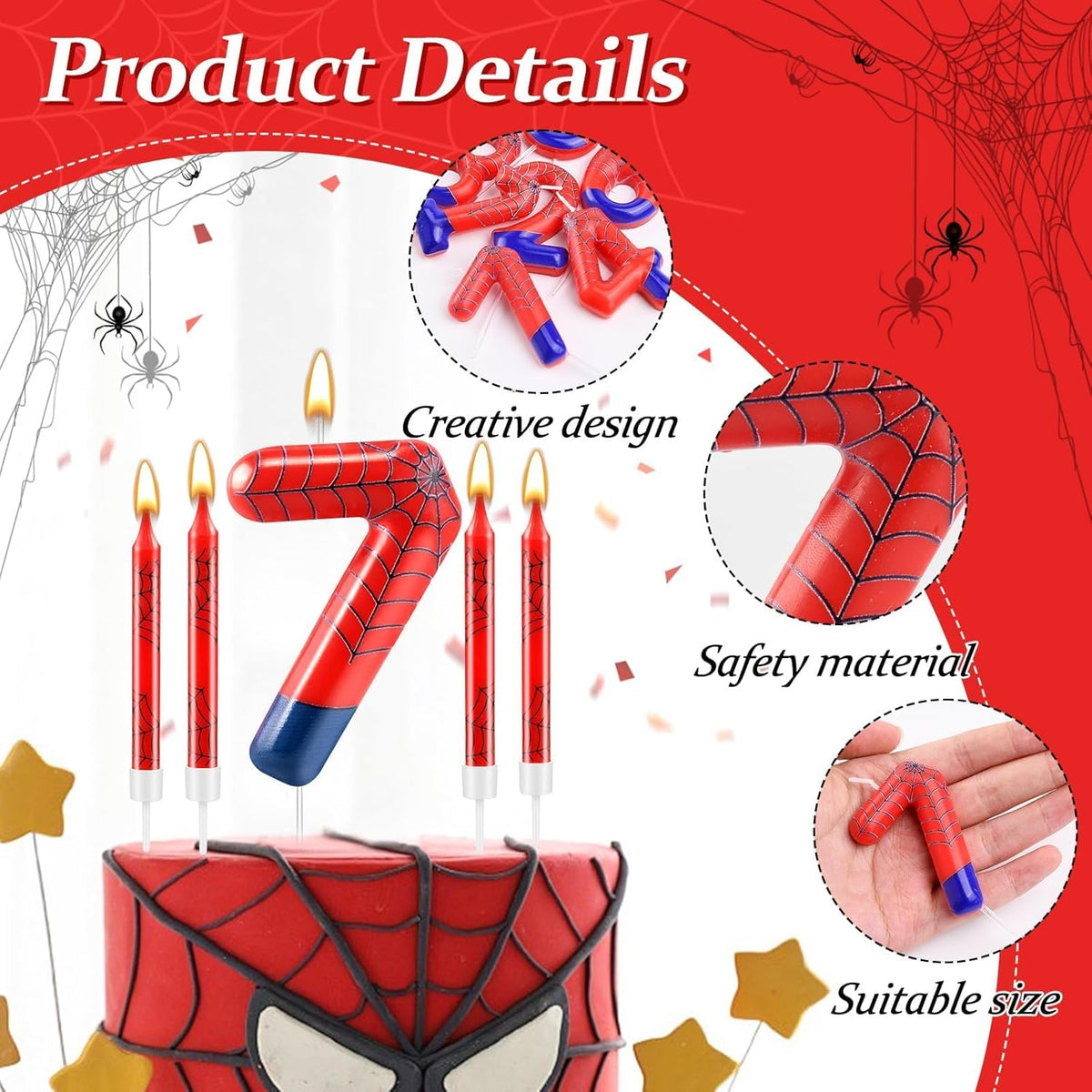 13 Pcs Spider Themed Birthday Candle Set Red Spider Theme Number 7 Candle Cake Topper for Boys Girls Birthday Decoration Spider Party Decoration Supplies (Number 7)