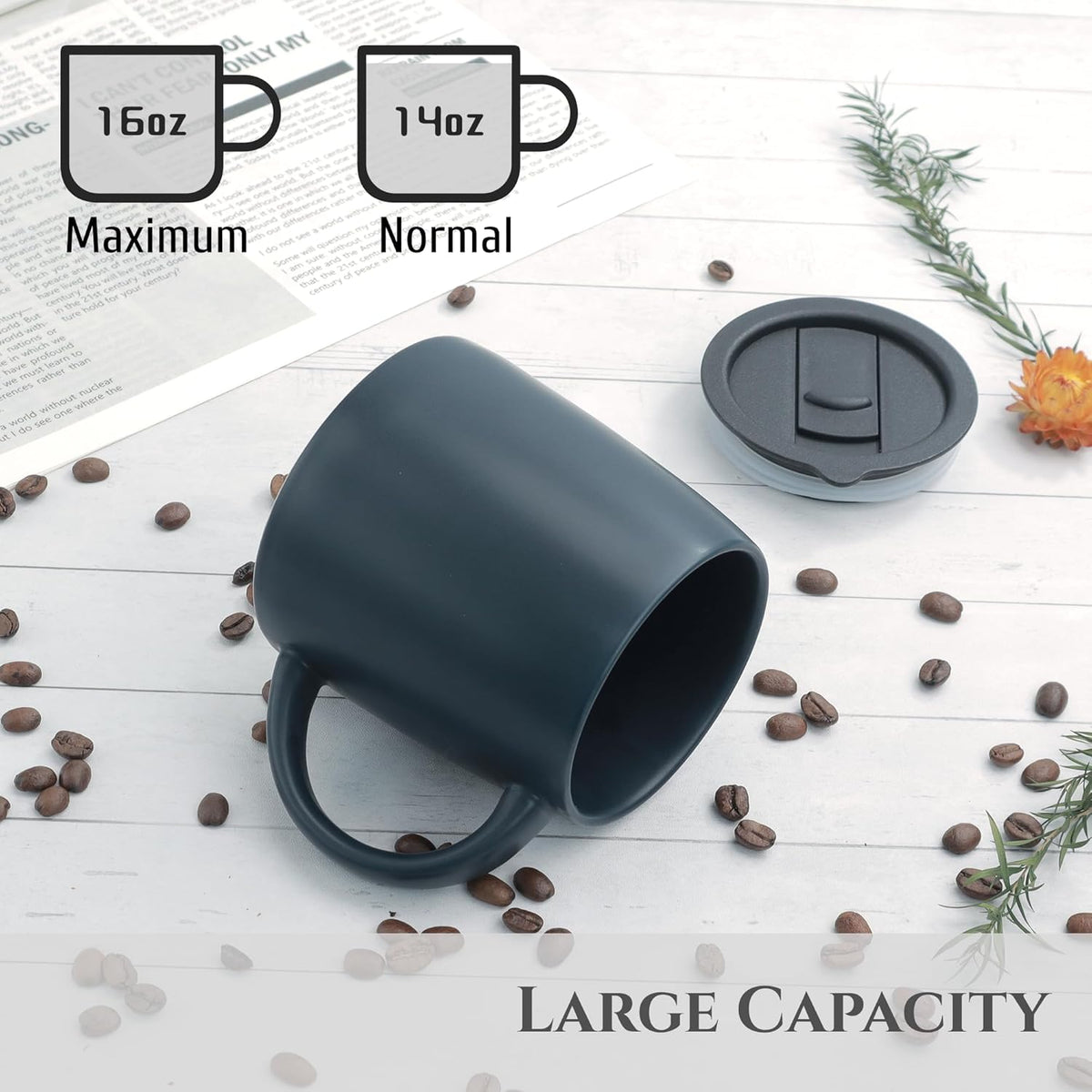 Classic Mug, 14 oz Large Coffee Mug with Handle, Ceramic Porcelain Tea Cup, Smooth Matte (Sliding Lid, Set of 4, Red White Black and Navy Blue)