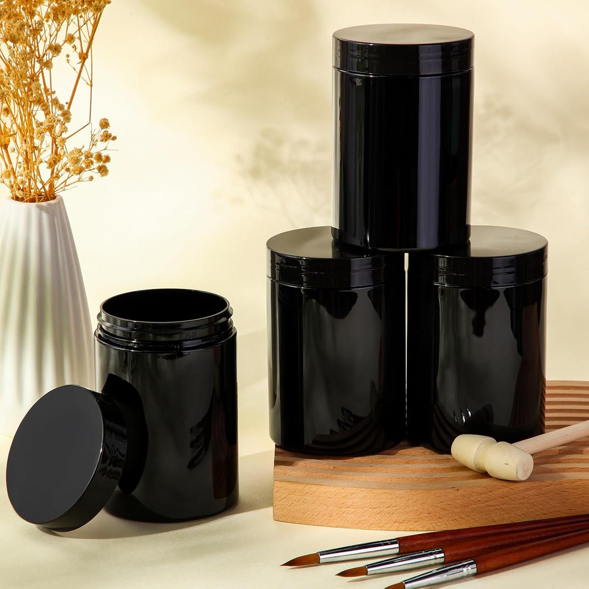 Patelai 4 Pieces Round Wide-mouth Leak Proof Plastic Container Jars with Lids for Travel Storage Makeup Beauty Products Face Creams Oils Salves Ointments DIY Making(10 Ounce,Pure Black)