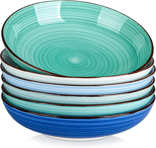 vancasso Bonita Pasta Bowls Set of 6, 50oz Large Salad Bowls for Kitchen, Stoneware Serving Bowls Dishwasher & Microwave Safe, Blue Bowl Set