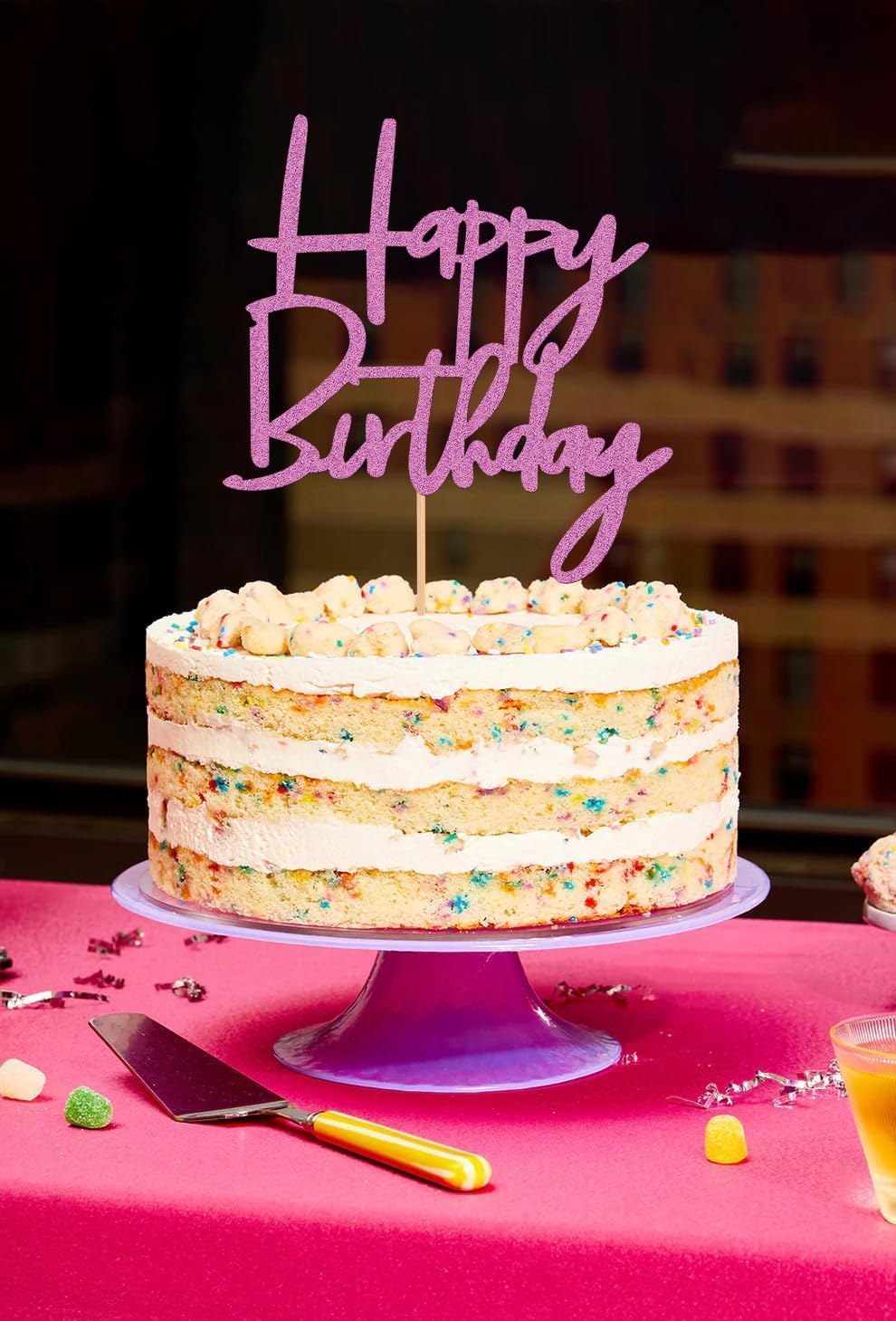 Happy Birthday Cake Topper - Glitter Purple Birthday Cake Top Decorations (Purple)