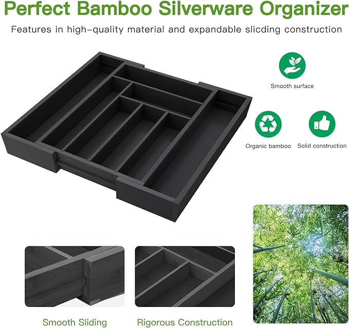 Pipishell Bamboo Expandable Drawer Organizer for Utensils Holder, Adjustable Cutlery Tray, Wood Drawer Dividers Organizer for Silverware, Flatware, Knives in Kitchen, Bedroom, Living Room(M-Black)
