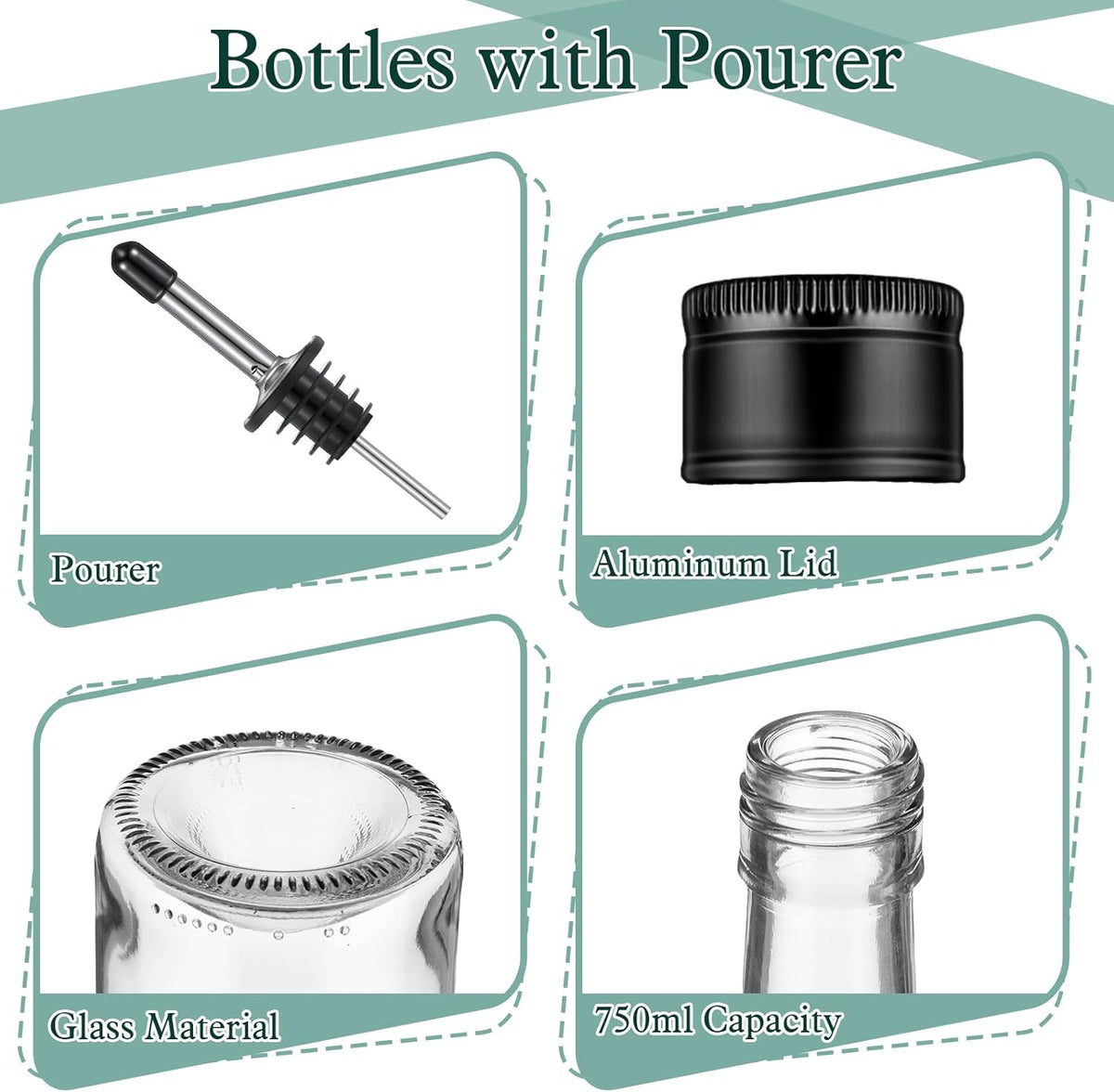 Maxdot 5 Pcs Long Neck Glass Bottles with Pourer Bordeaux Wine Bottle Clear Empty Wine Syrup Juice for Home Bar Liquor Juice Making Wedding Anniversary Party