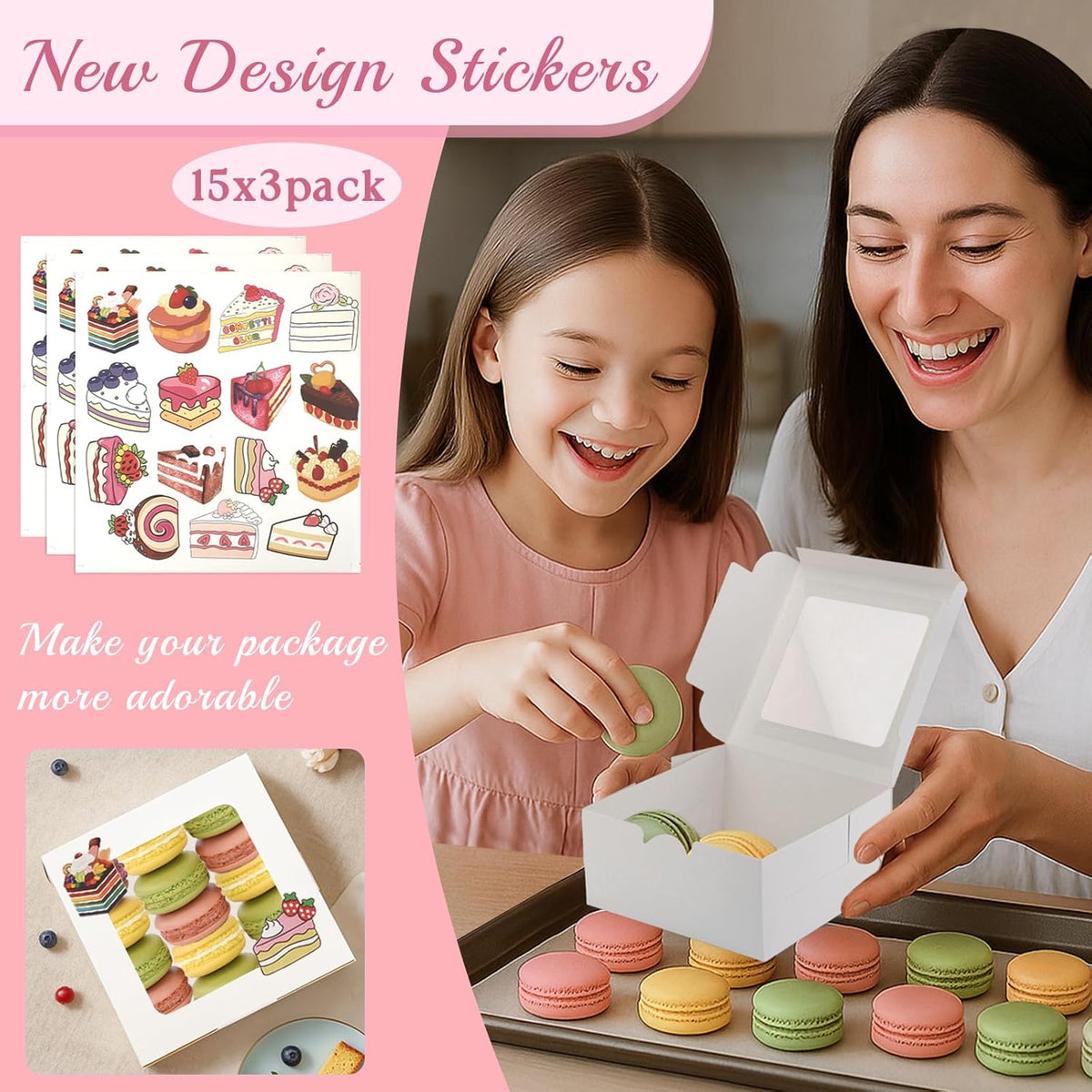 OAMCEG 30 Pack Cookie Boxes with Window 6x6x3 Inches White Bakery Treat Boxes with Stickers & Twine for Pastry, Desserts, Strawberries, Cupcakes, Gift Giving