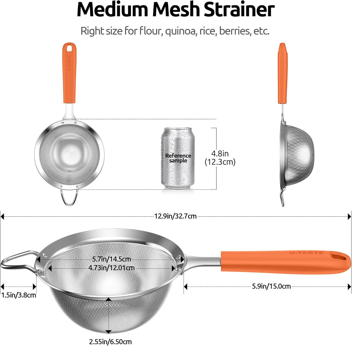 U-Taste Medium Fine Mesh Strainer: 18/8 Stainless Steel 4.73in 30 Mesh Kitchen Food Sieve with Sturdy Riveted Silicone Handle, Heavy Duty Deep Handheld Metal Colander for Rice, Quinoa, Flour (Orange)