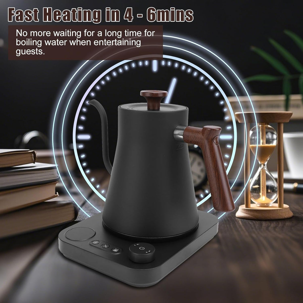 Electric Gooseneck Tea Kettle with Temperature Control, 1200W Electric Coffee Kettle Auto Shut Off Fast Heating, Stainless Steel Smart Water Heater with Timer for Brew Tea, Boil Hot Water (Black)