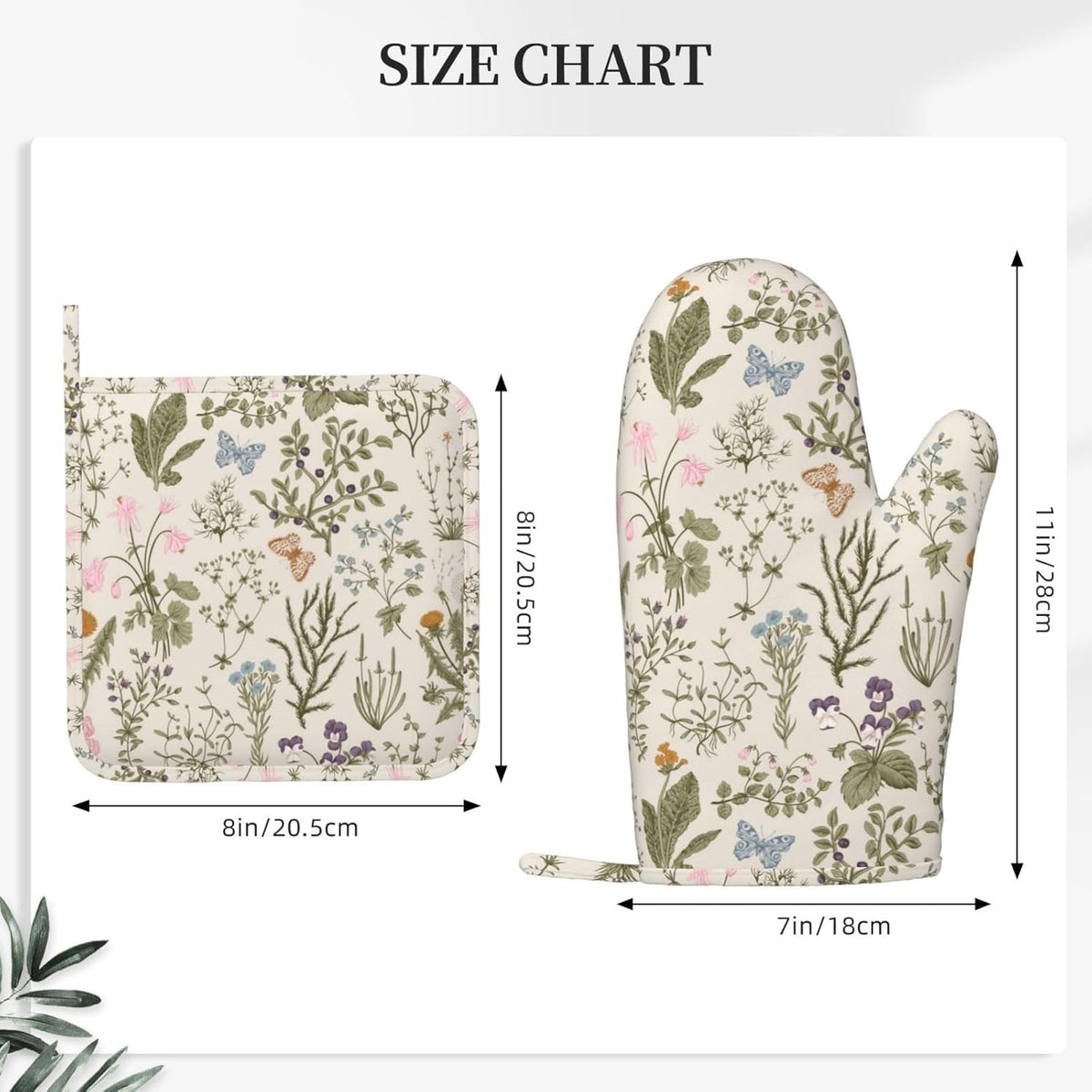 Vintage Wildflower Herbs Floral Rustic Butterfly Oven Mitts and Pot Holders Sets Silicone Kitchen Mitts Potholders Heat Resistant 4Pcs Oven Gloves Hot Pads for Kitchen Baking Cooking