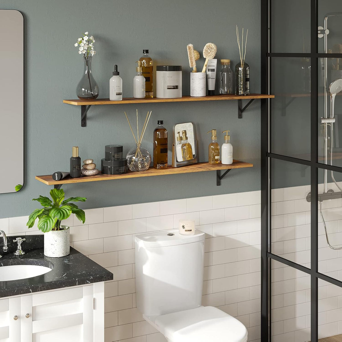 DINZI LVJ Long Wall Shelves, Set of 4, 47.3Inch Wall Mounted Shelves, Extra Large Storage Ledges with Sturdy Metal Brackets for Living Room, Bathroom, Bedroom, Kitchen, Rustic Brown