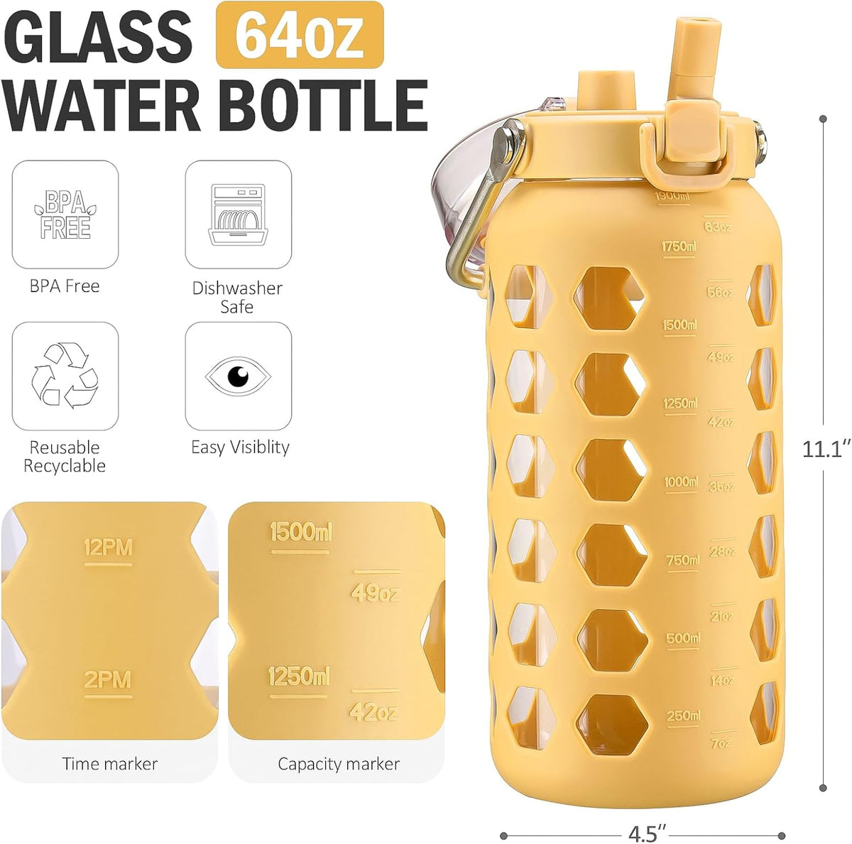 MUKOKO 64oz Glass Water Bottles with Straw and Lid,Half Gallon Water Bottle with Time Marker,Large Glass Water Jug with Silicone Sleeve and Stainless Steel Handle-Yellow