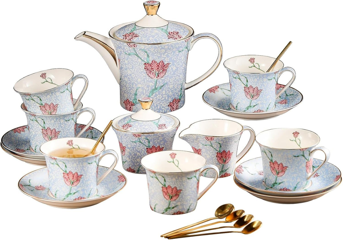 ACMLIFE Tea Set for Adults- Fine China Tea Set for 6, 21-Piece Vintage Coffee Set English Porcelain Tea Pot Sets for Adult Tea Party for Women Gift (Tulip Blue, Extra Large 21)